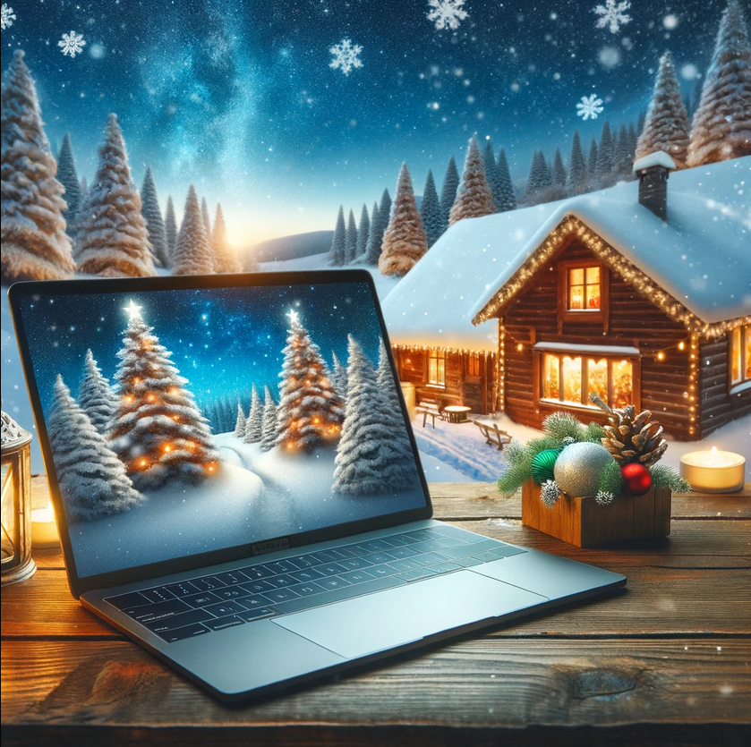 Weihnachtslandschaft mit Laptop